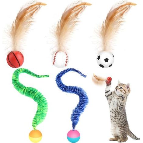 Lot de 5 balles rebondissantes pour chat, balle interactive avec plumes, jouet anti-morsure pour l'entraînement, la poursuite et l'exercice. (1/5)