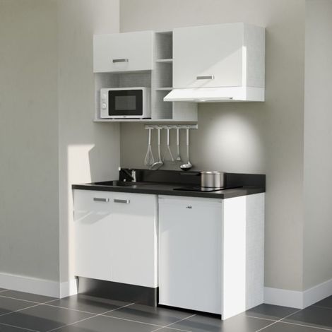 Kitchenette K13L - 140 cm - plan monobloc évier intégré Nero- évier à gauche - Façades Blanc + Electroménager inclus coloris Blanc