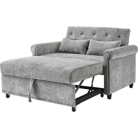 Canapé convertible 2 places en tissu gris, dossier 3 positions 110°/145°/180°, couchage 170 x 98 cm, 2 coussins inclus pour petits espaces CHICFURN (1/5)