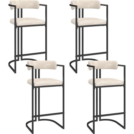 Lot de 4 tabourets de bar RONDY en tissu chenille écru avec accoudoirs et pieds en métal noir (1/5)