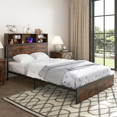 Cadre de Lit Double 200 x 140 cm avec Station de Charge Lit Plateforme en Métal avec Tête de Lit avec Rangement Marron Rustique (1/2)