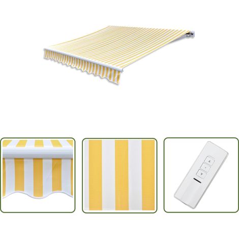 The Living Store Auvent pliable motorisé 400 cm Jaune/blanc - Auvent Pliable - Abri Solaire - Parasol Mural - Protection Contre Le Soleil - Jardin (1/4)
