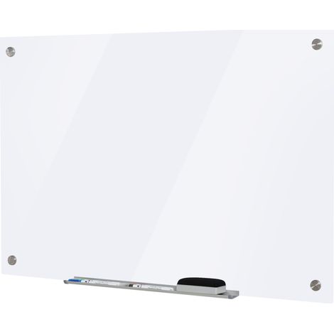 Tableau blanc en verre avec porte-étiquettes, tableau blanc mural sans cadre, comprend 4 marqueurs et une gomme, 90 x 60 x 0,45 cm, blanc (1/5)