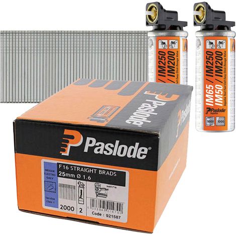 Paslode PAS921587 16-Gauge Straight Brad Nails and Gas Nailer Kit – 25mm Galvanized F16 Nails for IM65, Includes 2000 Nails and 2 Fuel Cells (1/3)
