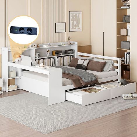 lit gigogne 140x200, multifonctionnel banquette lit, structure bois massif, bureau étagères intégrés, rangement tiroirs, ports USB (1/5)