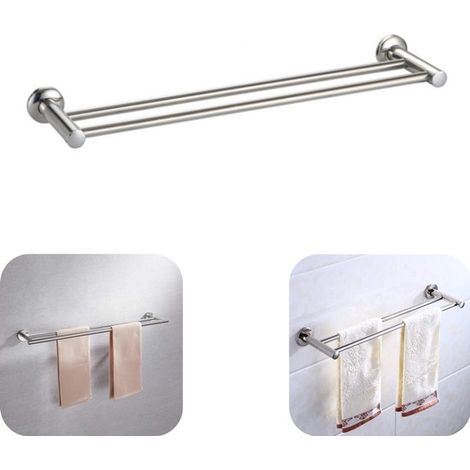 Porte-serviettes mural 14 x 50 cm - étagère inox à double barre pour salle de bain (1/5)