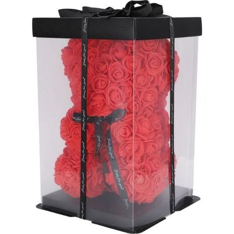 Poupée de fleurs artificielles - Fait main - Ours en rose rouge - Décoration intérieure - Cadeau Saint-Valentin (1/4)