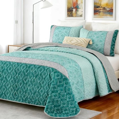 Parure de Lit avec Couvre-lit King Size Bleu Sarcelle – Ensemble de Literie Boho à Rayures et Carreaux – Courtepointe Douce en Microfibre avec 2 Taies d'oreiller (200x200 cm) (1/5)