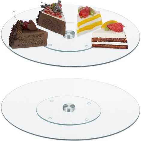Relaxdays Piatto Rotante per Torte, Set da 2, Girevole a 360º, Ø 30cm, Decorare, Tortiera Rotonda in Vetro, Trasparente
