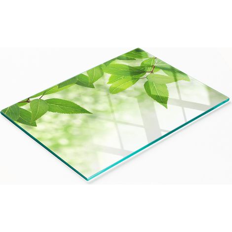 Tabla de cortar y servir decorativa de vidrio con diseño de hojas verdes, 80 x 52 cm. (1/5)