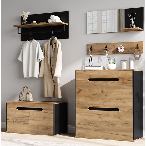 Modulares Flurmöbel mit Spiegel, 2 Schuhschränken und 4 Haken, schwarz und Holz HAVRYA (1/5)