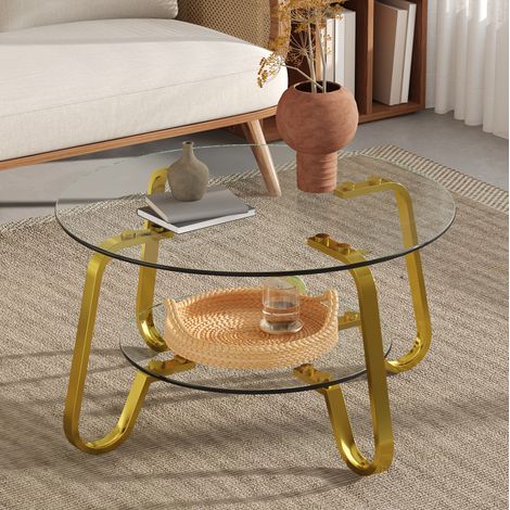 Mesa de centro de metal dorado con doble tablero de vidrio templado, diseño de 2 niveles (1/5)