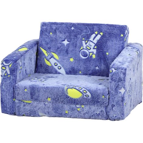 Canapé enfant pliable 2 en 1, revêtu d'un tissu lumineux à motif cosmique, coussin et housse lavables, bleu (1/4)