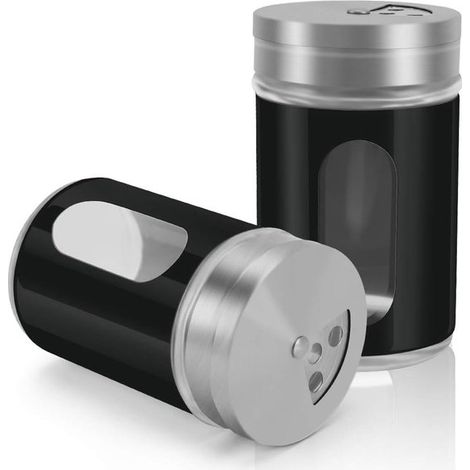 2 saleros y pimenteros de acero inoxidable con tapas ajustables, 85 g (3 oz), negro y transparente, para azúcar glas y fiestas (1/5)