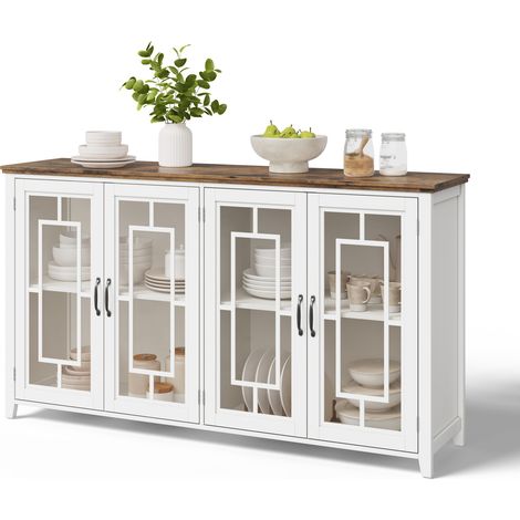 Buffet de cuisine 160x40x86 cm, meuble de rangement avec portes vitrées, grand compartiment, plan de travail aspect bois, MDF (1/5)