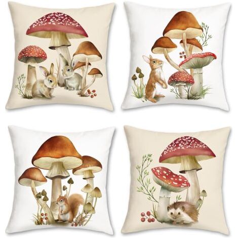 CCYKXA Housse de Coussin Automne Champignon 45 x 45 cm Champignons Rouge Marron Animaux Polyester Doux Décoratif Taie d'oreiller pour Canapé Chambre Jardin Maison Décoration 4 Pièces,Noyau non inclus (1/5)