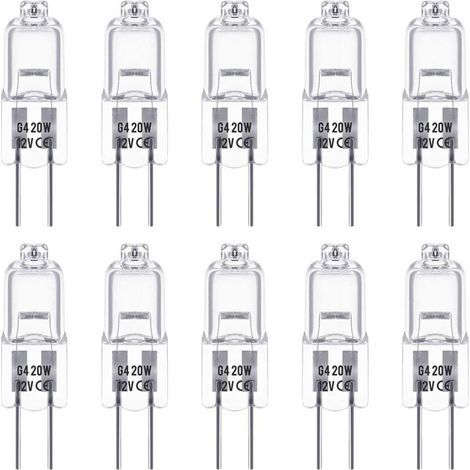 10 lampadine alogene G4, lampadine a bassa tensione da 12V 20W con spina, luce bianca calda alogena al tungsteno, lampadine di ricambio per lampadari di cristallo, lampade a sospensione e applique. (1/4)