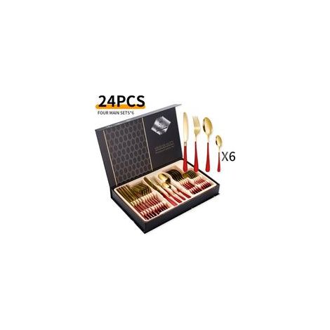 Ménagère 24 pièces en acier inoxydable – pour 6 personnes – rouge/or (1/5)