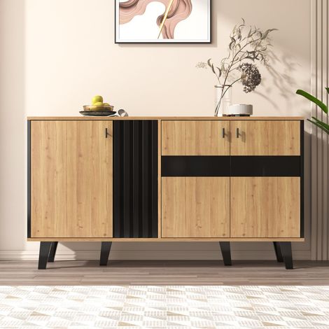 Aparador de salón - 140 x 41 x 78,5 cm - 3 puertas, iluminación LED y cristal de estilo industrial - Paneles de aglomerado en madera natural y negro (1/5)