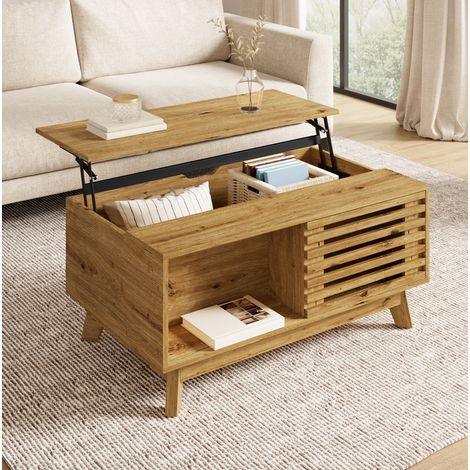 Table basse 90 x 55 x 57,5 cm style rétro moderne, plateau relevable, porte coulissante, MDF naturel pour salon (1/5)