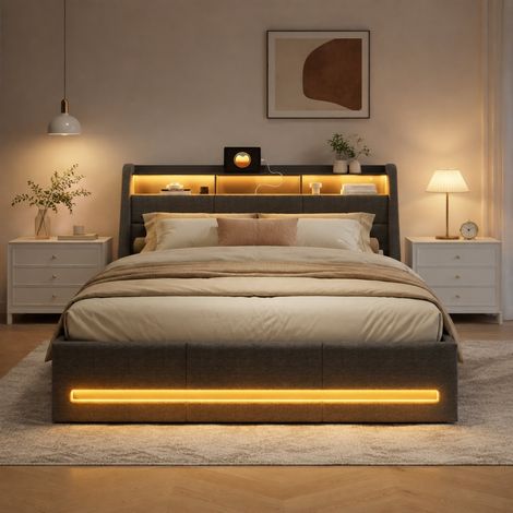 Lit coffre 140 x 190 cm - Éclairage LED et prise USB - Tête de lit avec étagères - Lit double adulte
- Rangement hydraulique - Sommier à lattes - Lin gris (1/5)