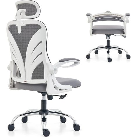 Chaise de Bureau avec Dossier Pliable, Fauteuil Ergonomique pour Ordinateur avec Appui-tête 2D, Accoudoirs Pliables et Support Lombaire en Maille Siège de Bureau, Blanc (1/5)
