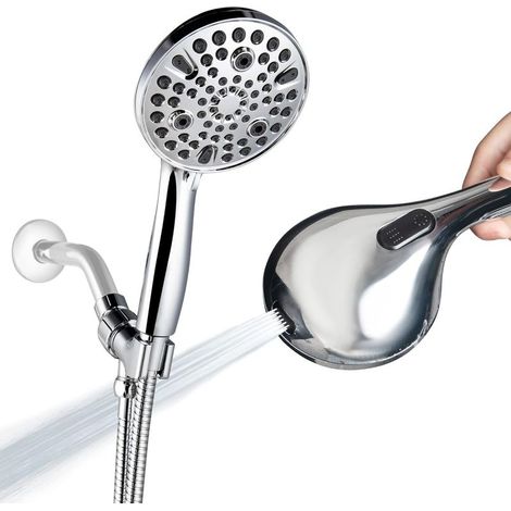 Hochdruck-Handbrause, 10 Strahlarten, abnehmbarer 12 cm Brausekopf mit 1,5 m Schlauch, verstellbare Halterung – Chrom poliert