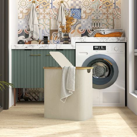 Cesto de ropa doble plegable de 80 litros con tapa, asas acanaladas, color beige.