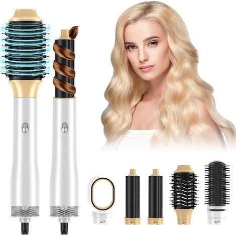 Air Styler 5 In 1 Styler, Brosse Soufflante Brushing Professionnel, 1200W Seche Cheveux Brosse, Sèche Cheveux Ionique, Auto Boucleur a Air, pour Sécher, Boucler, Lisser (Or blanc) (1/5)