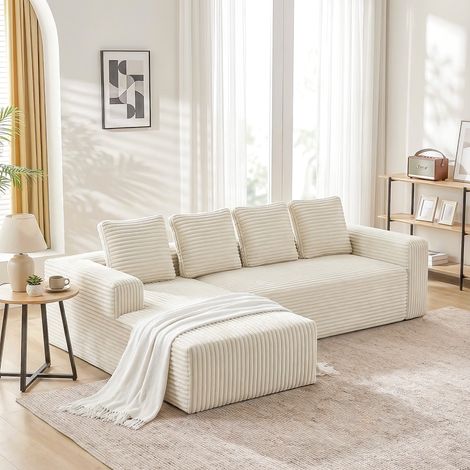 Canapé d’angle modulable avec méridienne droite, assise profonde, sans montage, velours côtelé pelucheux Beige