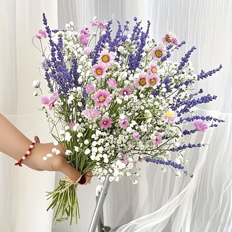 Bouquet de fleurs artificielles 65 pièces, lavande, marguerites roses et gypsophile, réaliste style bohème, pour mariage et décoration maison, sans entretien, romantique