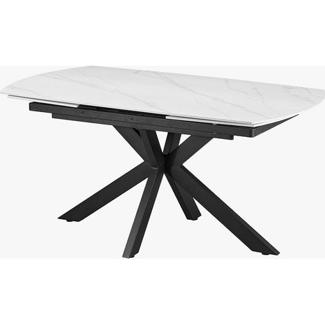 Mobilier Deco – Table à manger extensible en pierre frittée blanche – Plateau rotatif – Piètement métal noir – Résistante à la chaleur et aux rayures (1/5)