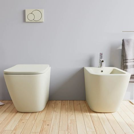 Sanitari filomuro in ceramica khaki vaso rimless sedile soft close e bidet Venezia