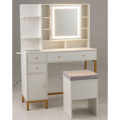 Pour Chambre et Dressing Meuble Coiffeuse avec Tabouret Miroir Lumineux 3 Modes Station USB et Plateau Verre (1/2)