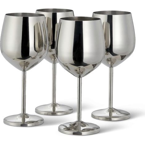 HONORNIC - Verres à vin élégants en acier inoxydable argenté - Robustes et durables, résistants aux chocs - Lot de 4