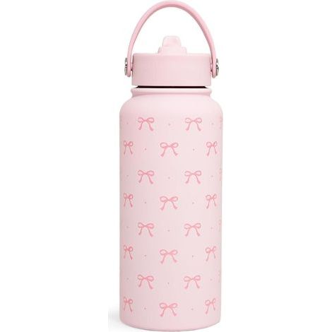 Rosa Wasserflasche mit Rosette, 1 l (32 oz), isolierte Edelstahlflasche mit Strohhalm (1/5)