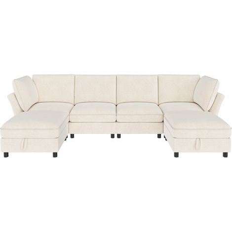 Canapé d'angle modulaire en U/L 6 places avec poufs de rangement, tissu chenille beige (1/5)