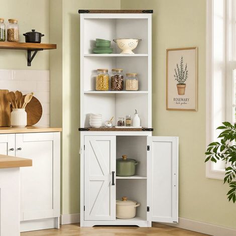 Eckschrank Badezimmer, 2 Türen und 2 offene Regale, 54 x 31,5 x 178 cm, weiß