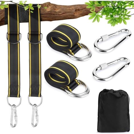 Sangle Hamac et Balançoire pour Arbre avec Mousquetons et Anneaux en D - Ensemble de 2 Sangles (1.5m), 2 Protections d'Arbre et Sac de Rangement