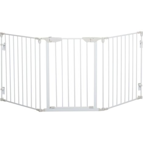 Barrière sécurité animaux 3 panneaux pliable, clôture métallique séparateur pièce et escalier, protection cheminée avec porte auto-fermante blanc