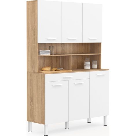 Idmarket – Buffet de cuisine 120 cm – 6 portes et tiroir – Panneaux mélaminés bois et blanc – Rangement XXL pour vaisselle et aliments