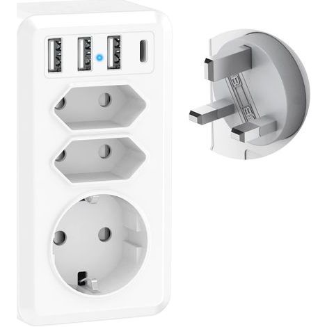 7-in-1-Reiseadapter mit 3 USB- und USB-C-Anschlüssen, Frankreich-zu-Großbritannien-Adapter, britischer Stecker, UK-Typ-G-Adapter für Irland, Malaysia, England, Großbritannien und Dubai (1/5)