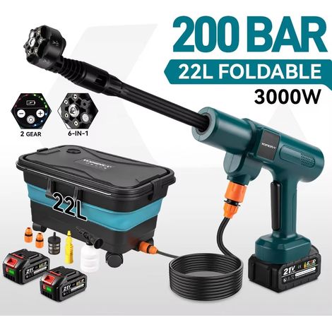 Nettoyeur haute pression sans fil 200 bar – Pistolet à eau avec seau – Pour lavage voiture – Compatible Makita 21V avec 2 batteries (1/5)