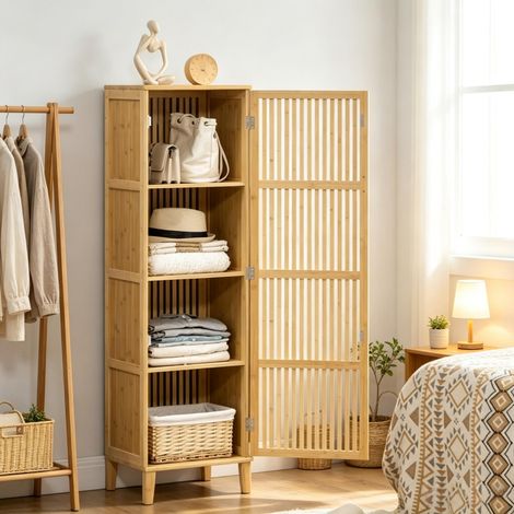 Meuble de Rangement Colonne Salle de Bain en Bambou Naturel, Armoire avec Porte à Lamelles et 4 Étagères, 40 x 30 x 140 cm (1/5)