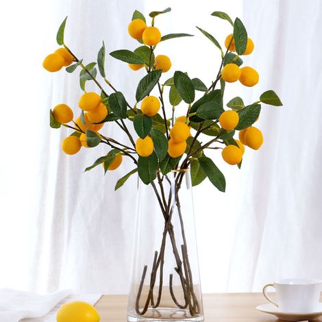 Branches de fruits artificiels 34.2 pouces, 3 pièces, fausses Oranges réalistes avec tige, feuilles vertes pour photographie de maison, accessoire de décoration de cuisine (1/5)