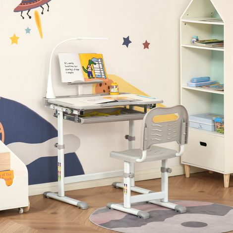 Kinderstuhl- und Schreibtischset mit LED-Lampe, höhenverstellbarer, geneigter Tischplatte und Leseständer (grau)