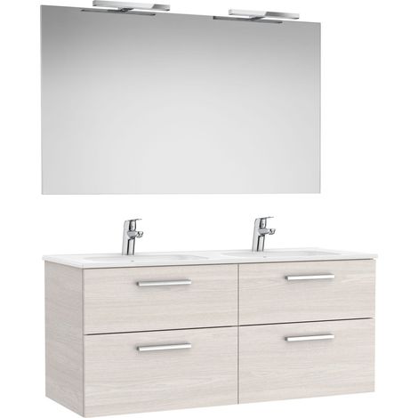 Pack mueble de 4 cajones + lavabo doble + espejo + apliques LED VICTORIA - ROCA Color: Fresno nórdico