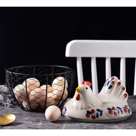 Panier à œufs en céramique avec couvercle en forme de poule et poignée (1/2)
