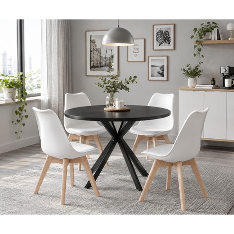 Ensemble Table Ronde 100 cm + 4 Chaises Noir, Style Scandinave Moderne, chaises grises (1/4)