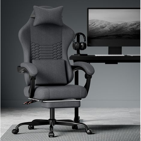 Sedia gaming ergonomica reclinabile con poggiatesta, supporto lombare, braccioli collegati, tessuto nero (1/5)
